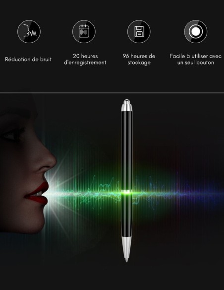Stylo espion - enregistreur vocal mémoire interne 8 GO - 96 heures