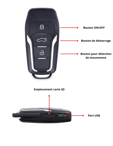 Clé de voiture caméra espion Full HD – Vision nocturne - Détection de mouvement