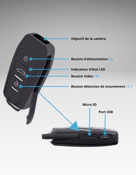 Caméra espion Full HD - clé de voiture - Vision nocturne